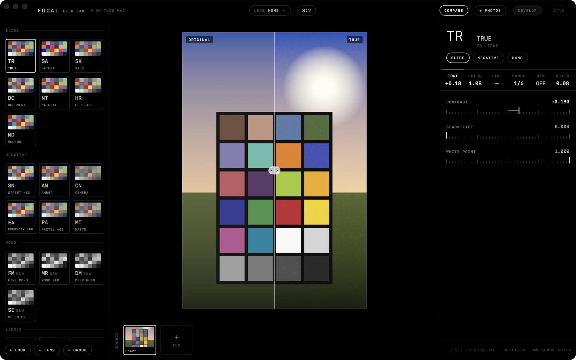 Focal Film Lab: every look as a card on the left, the frame split against the original in the middle, the look's recipe on the right